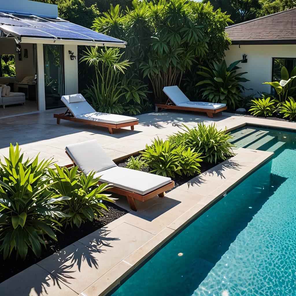 A serene poolside scene showcasing eco-friendly electric solutions like solar panels, energy-efficient lights, and electric pool equipment surrounded by lush greenery and tropical plants. Include a relaxing lounge chair by the pool, water glistening under the sun and a clear blue sky in the background. Emphasize sustainability and summer vibes. super-realistic. vibrant colors. sunny ambiance.