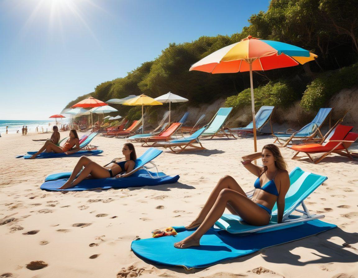 A vibrant beach scene showcasing diverse models wearing the latest summer swimwear trends, surrounded by colorful beach umbrellas and sunbathers. Incorporate elements of eco-friendly electric solutions like solar-powered beach loungers and electric surfboards nearby. Include bright sunlight and clear blue skies to evoke a warm summer feel. super-realistic. vibrant colors. beach setting.